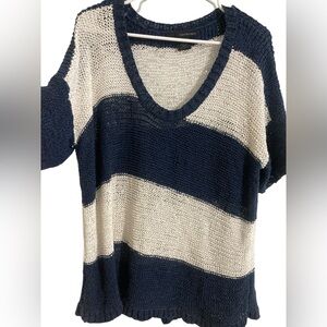 Calvin Klein Navy and Cream Striped Women's Knit Sweater- Short Sleeve-size L